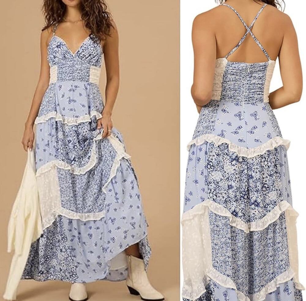 Floral Maxi Dress Women’s Patchwork Flowy V Neck cottagecore peasant Prairie L
